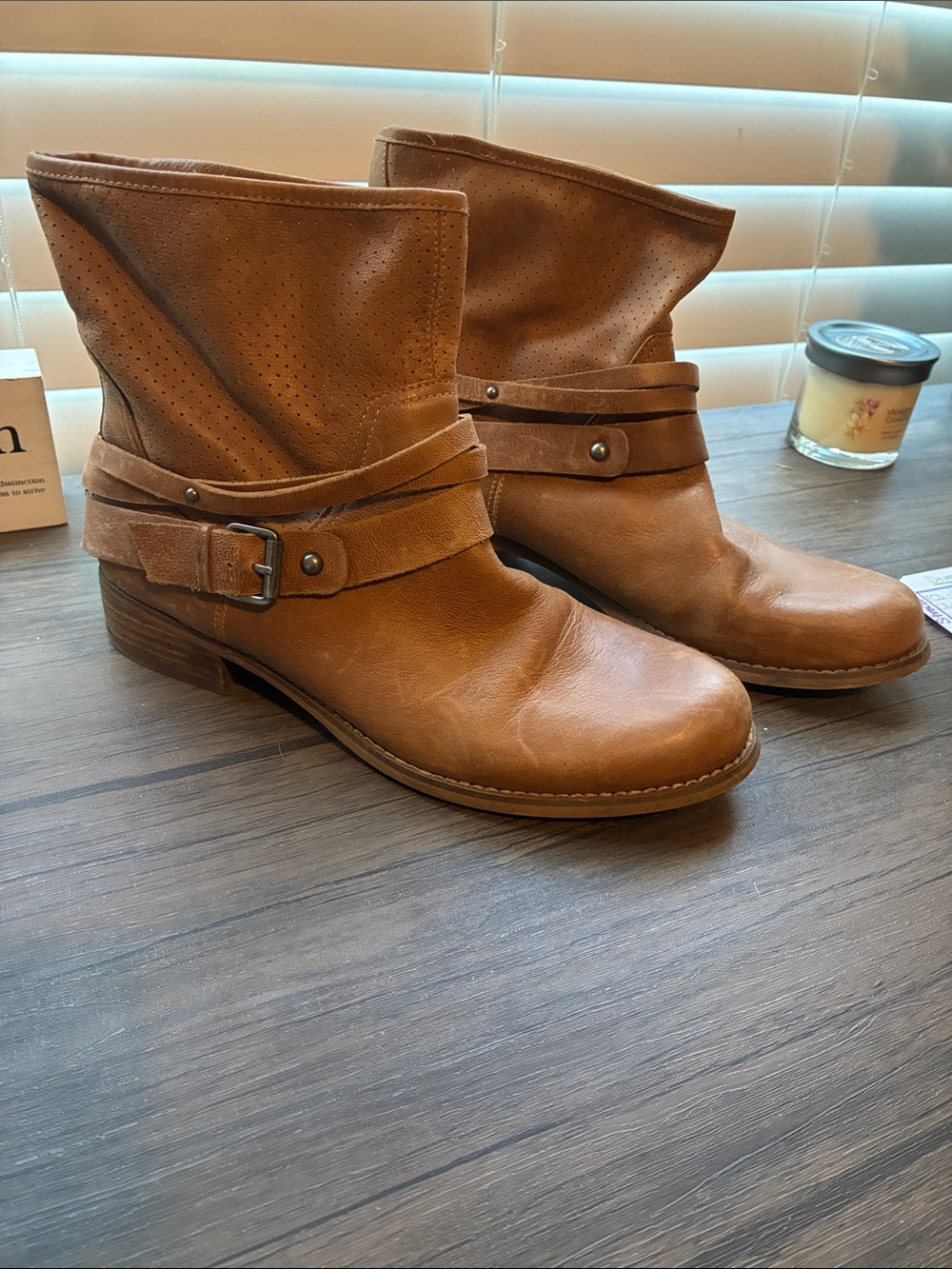 Marc Fisher Tan Leather Perforated Ankle Boots with Wrap Strap